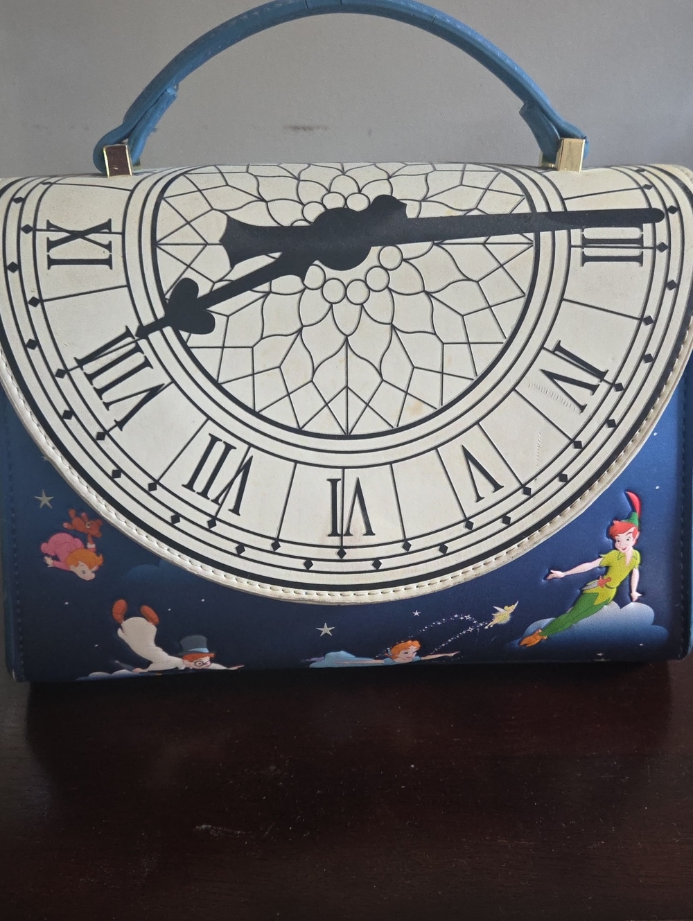 Loungefly Navy and Cream Peter Pan Clock-Print Satchel